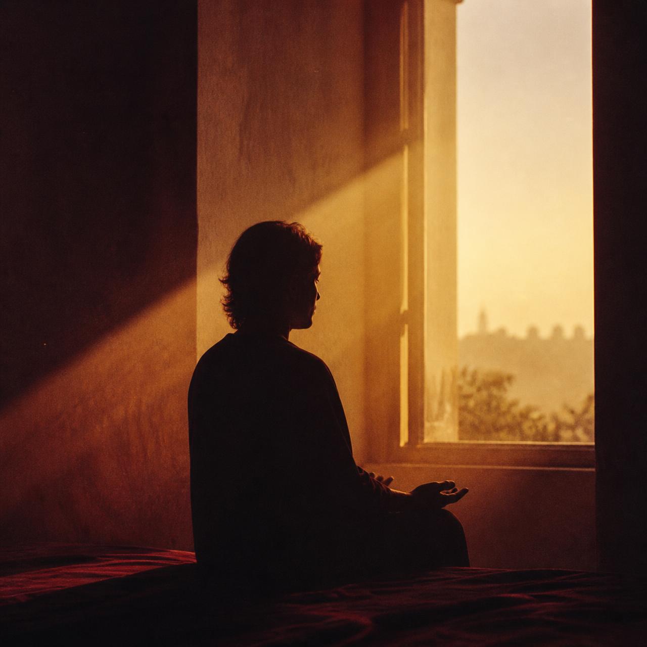 Pessoa em silêncio diante da janela ao amanhecer